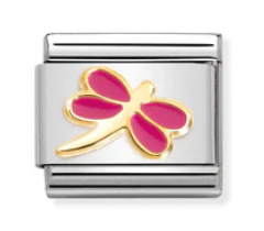 Coloured Fuchsia dragonfly gold charm