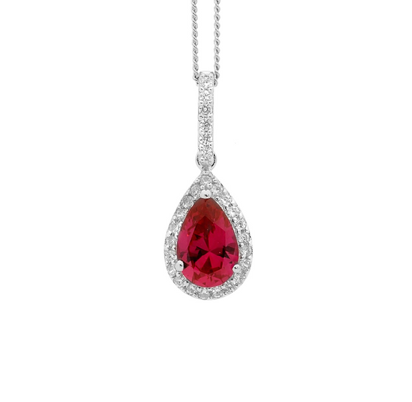 Red CZ Pear Drop with White CZ Surround - Pendant & Earring