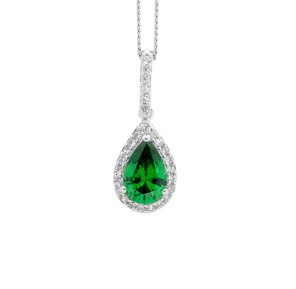 Green CZ Pear Drop with White CZ Surround - Pendant & Earring
