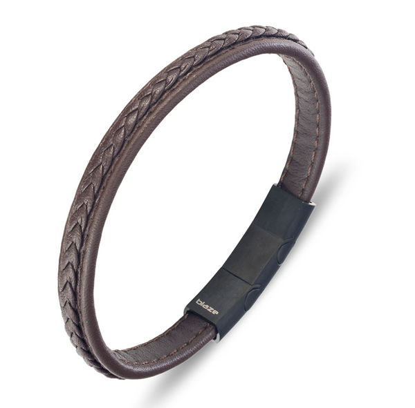 Bracelet - Blaze Stainless Steel Men's Brown Leather Bangle