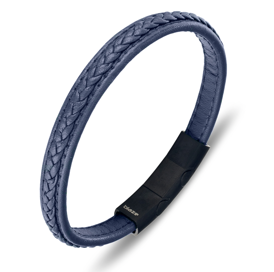 Bracelet - Blaze Stainless Steel Men's Blue Leather Bangle