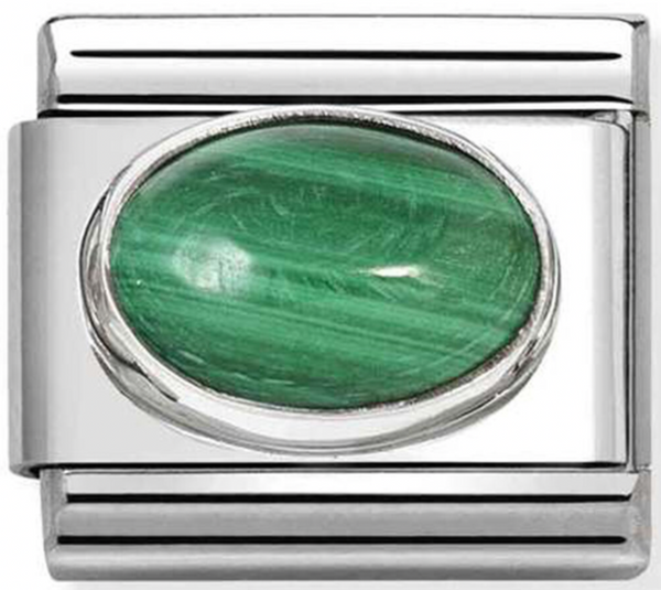 Hard Stone - Oval Malachite Stone Silver Charm
