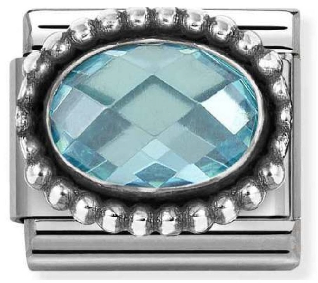 Gemstones - Oval Light Blue Faceted CZ with Beaded Oxidised Silver Charm