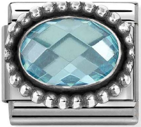 Gemstones - Oval Light Blue Faceted CZ Oxidised Silver Charm