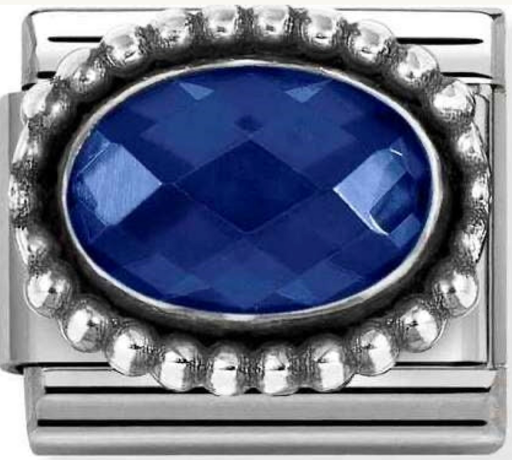 Gemstones - Oval Blue Faceted CZ with Beaded Oxidised Silver Charm