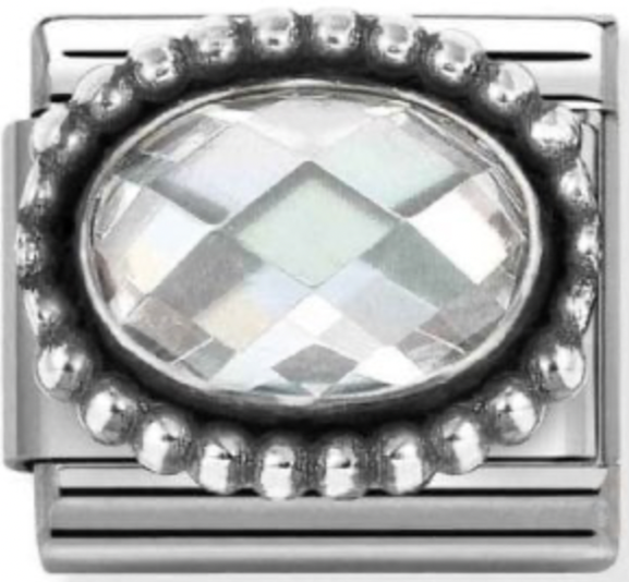 Gemstones - Oval White Faceted CZ Oxidised Silver Charm