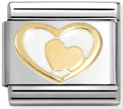 Love - Coloured White Heart in Heart Gold Charm