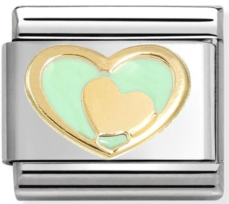 Love - Coloured Light Green Heart in Heart Gold Charm
