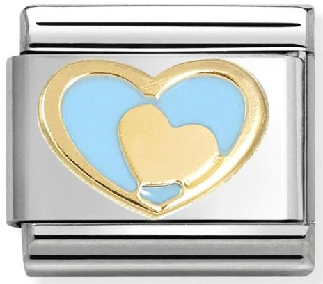 Love - Coloured Blue Heart in Heart Gold Charm