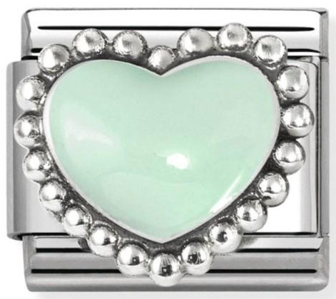 Love - Raised Pastel Green with Beaded Dots Heart Silver Charm