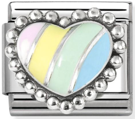 Love - Raised Pastel Striped Multicoloured with Beaded Dots Heart Silver Charm