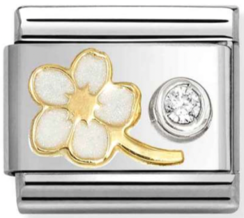 Nature - White Myosotis  Forget Me Not with CZ Gold Charm