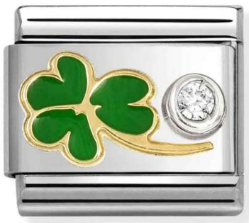Good Luck - Green Four Leaf Clover with CZ Gold Charm