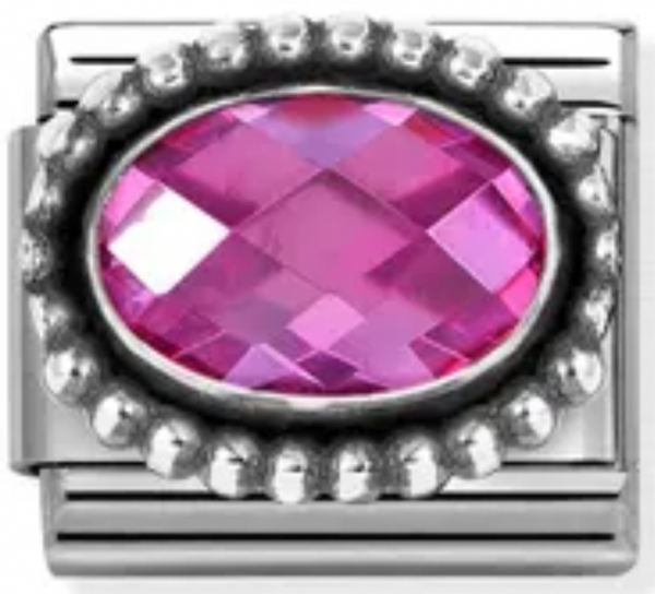 Gemstones - Oval Fuchsia Faceted CZ Oxidised Silver Charm