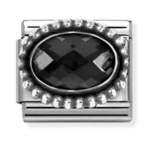 Gemstones - Oval Black Faceted CZ with Beaded Oxidised Silver Charm