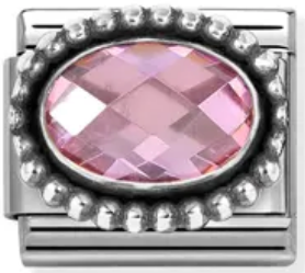 Gemstones - Oval Pink Faceted CZ Oxidised Silver Charm