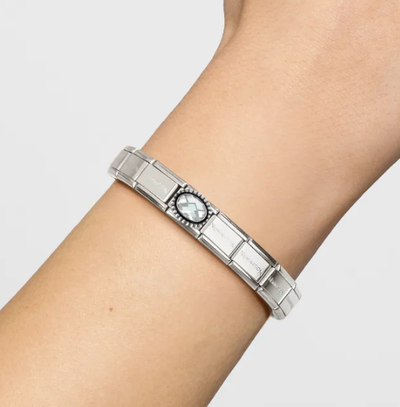 Gemstones - Oval White Faceted CZ Oxidised Silver Charm