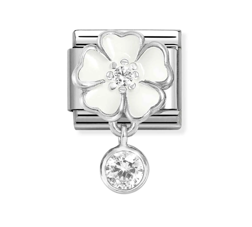 White Flower with Round Drop Silver Charm