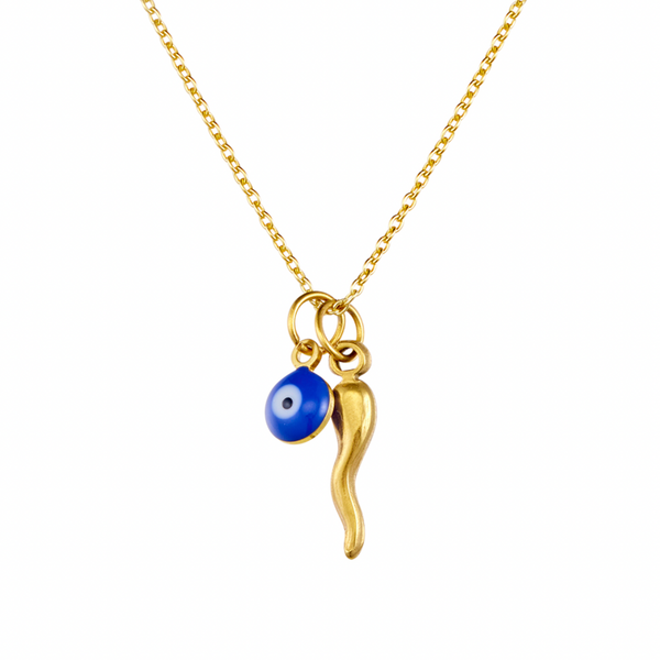 Necklace -  Glass Evile Eye & Cornicello Horn Pendant