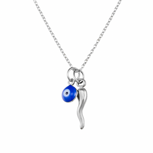 Necklace -  Glass Evile Eye & Cornicello Chilli Horn Pendant