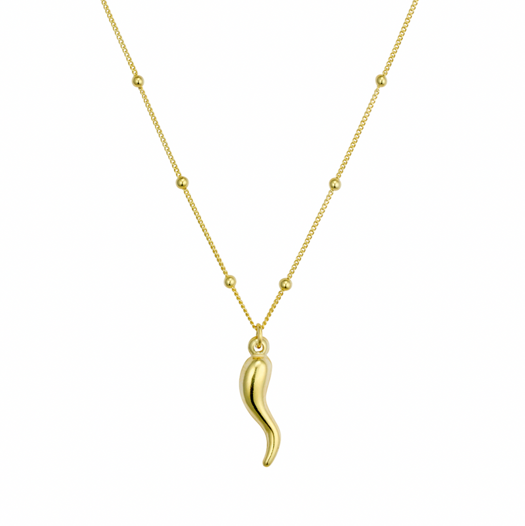 Necklace -  Curb Satellite Chain w/ Cornicello Horn Pendant
