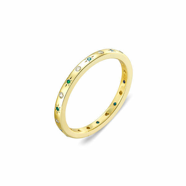 Rings - 14k YGP Emerald Northern Star & White CZ Fine Band Ring