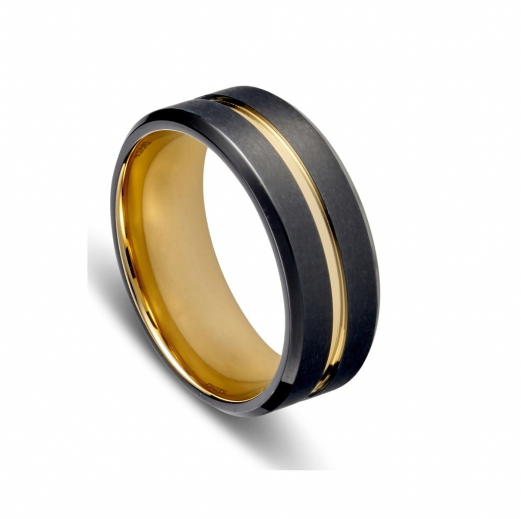 Men Rings - Blaze Stainless Steel Men's Brushed Black Ring with Gold