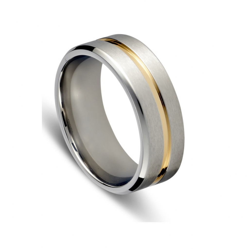 Men Rings - Blaze Stainless Steel Men's Brushed Ring with Gold Band