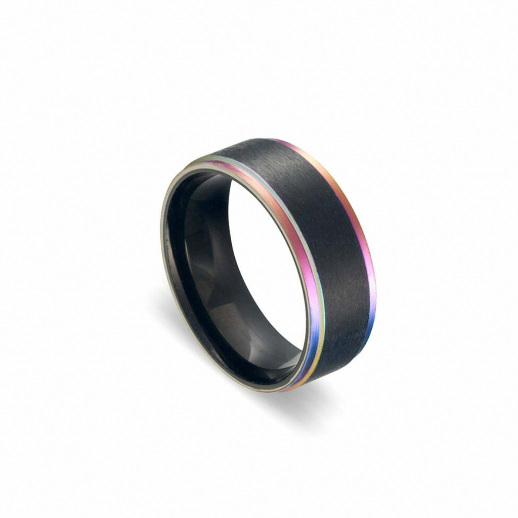 Men Rings - Blaze S/Steel Black Brushed Ring w/ Beveled Rainbow Edges
