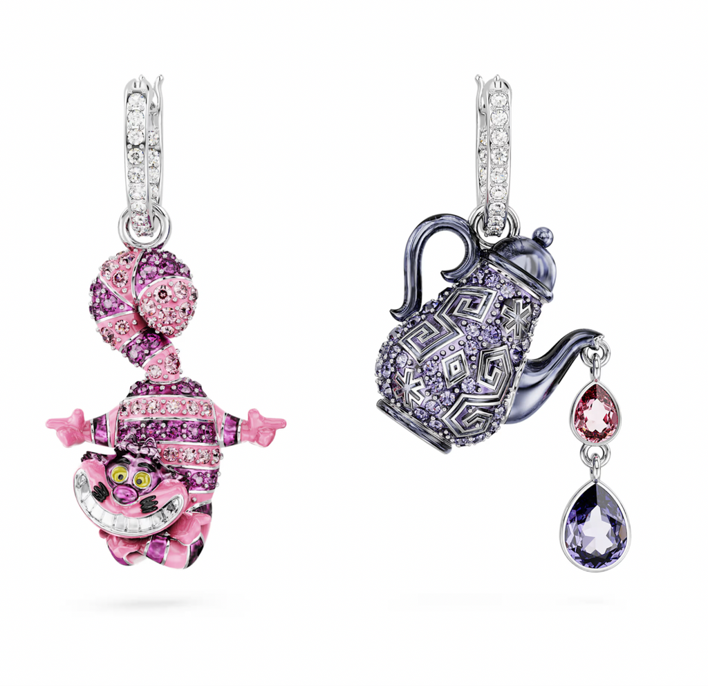 Alice in Wonderland Asymmetrical Design Cat and teapot Multicoloured Drop Earrings