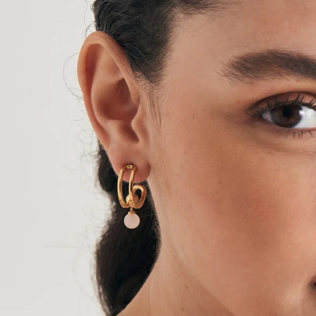 Spaced Out - Rose Quartz Orb Stud Gold Mini Hoop Earrings