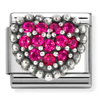 Love - Raised Rich Red CZ Heart with Beaded Dots Silver Charm