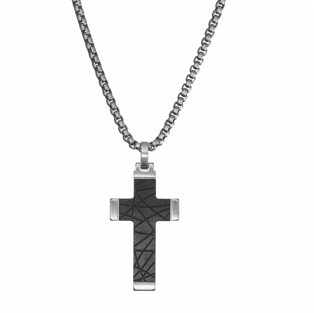 Necklace - Blaze Men’s Matte Stainless Steel with Carbon Fibre Inlay Cross Pendant Necklace