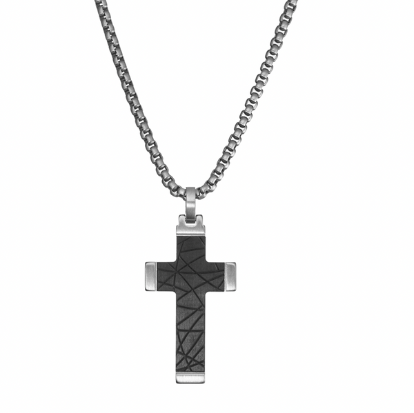 Blaze Men’s Matte Stainless Steel with Carbon Fibre Inlay Cross Pendant Necklace