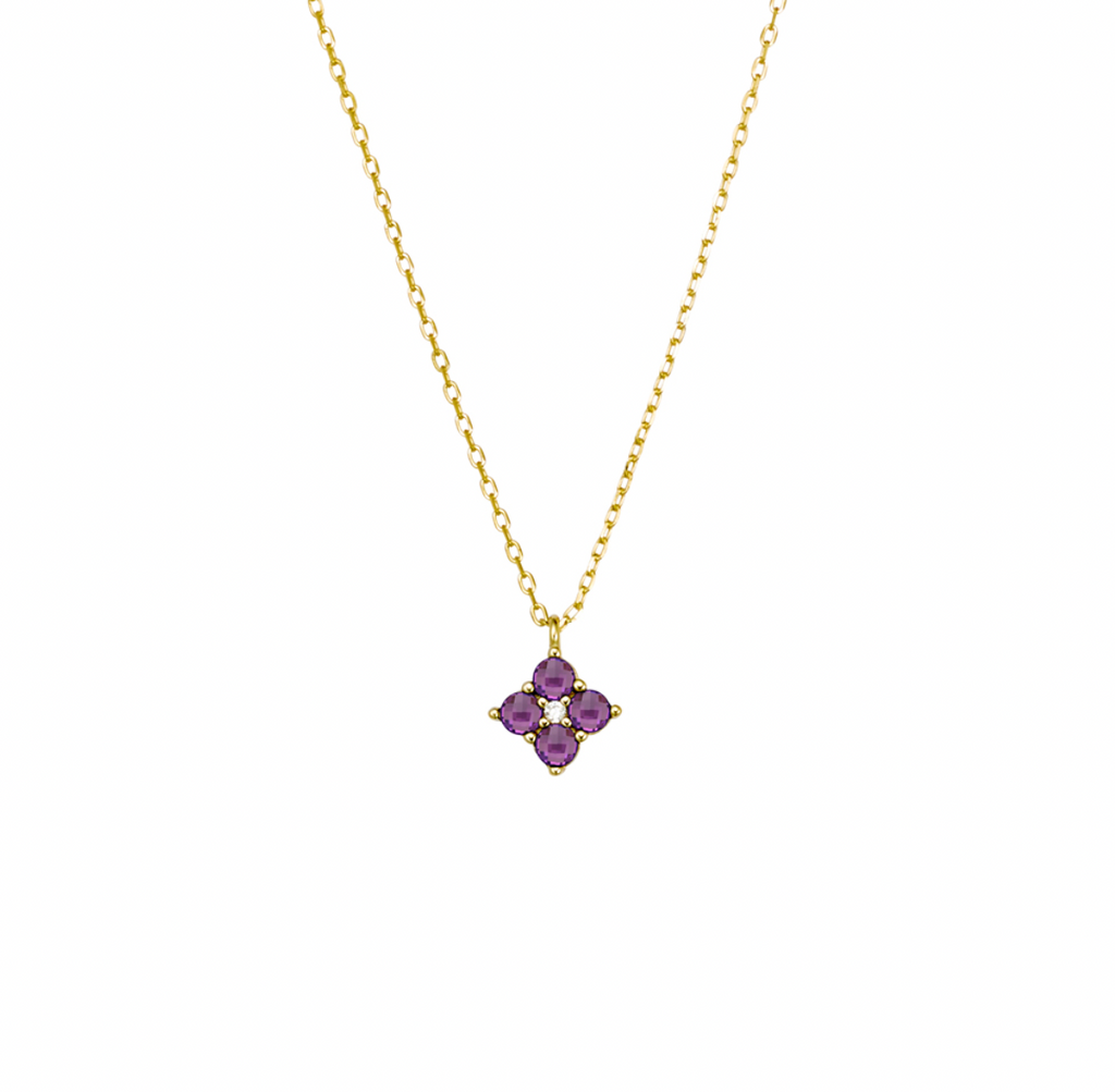 Amethyst CZ Flower Clover Gold Pendant Necklace