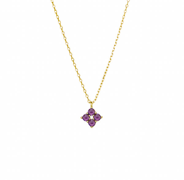 Amethyst CZ Flower Clover Gold Pendant Necklace