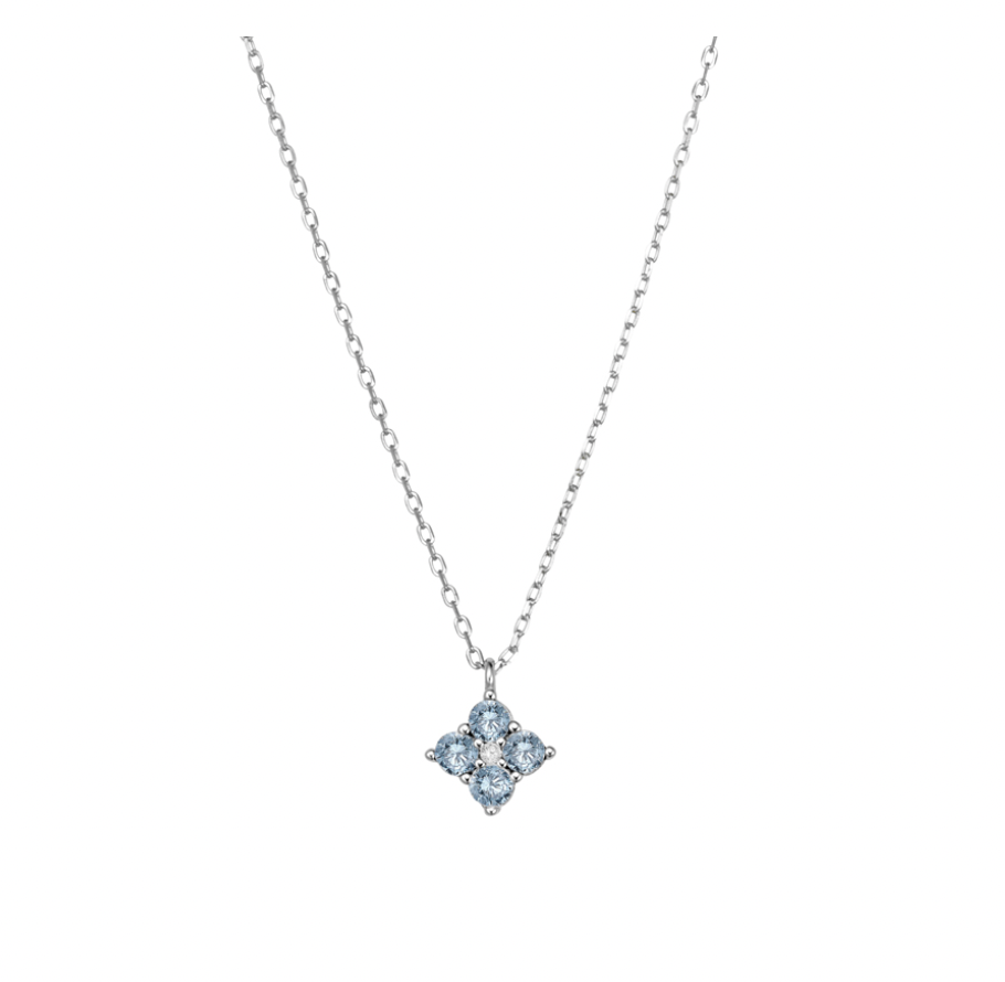 Aquamarine CZ Flower Clover Silver Pendant Necklace