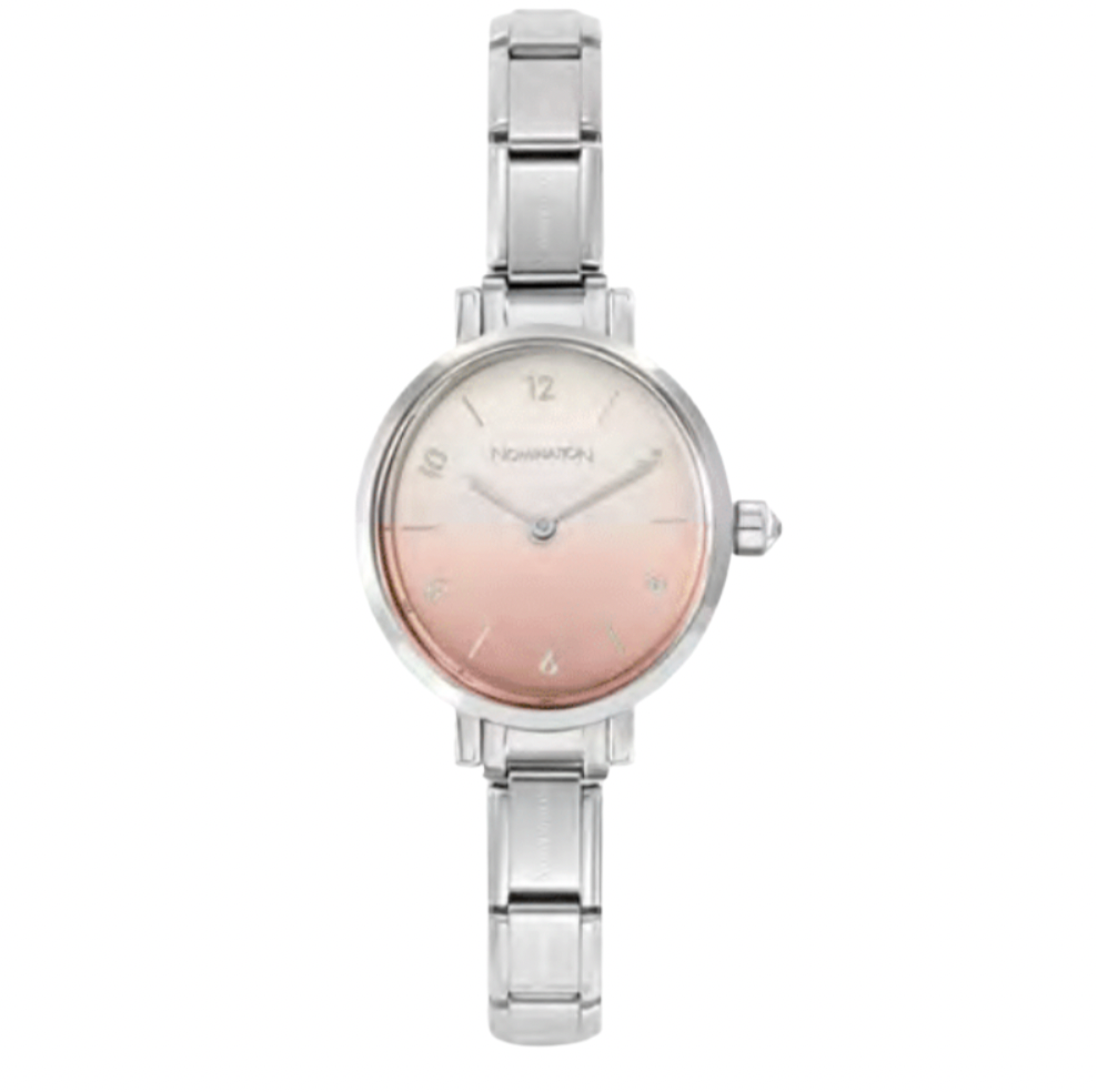 Paris Sunray Fade Pink Colour with CZ Oval Silver Watch