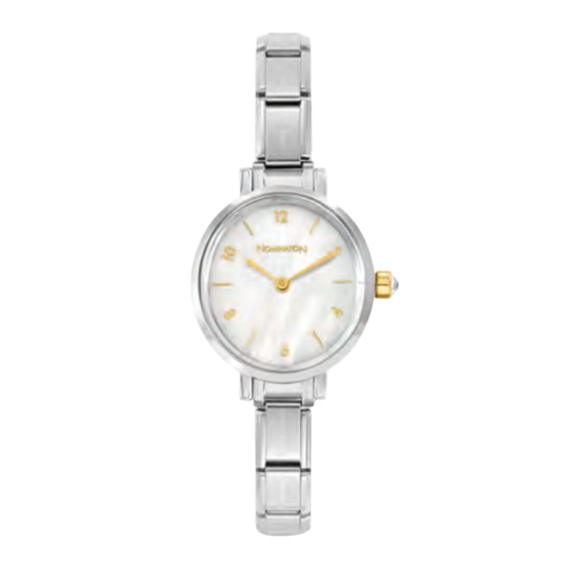 Paris White Mother of Pearl with CZ and Gold Details Oval Silver Watch