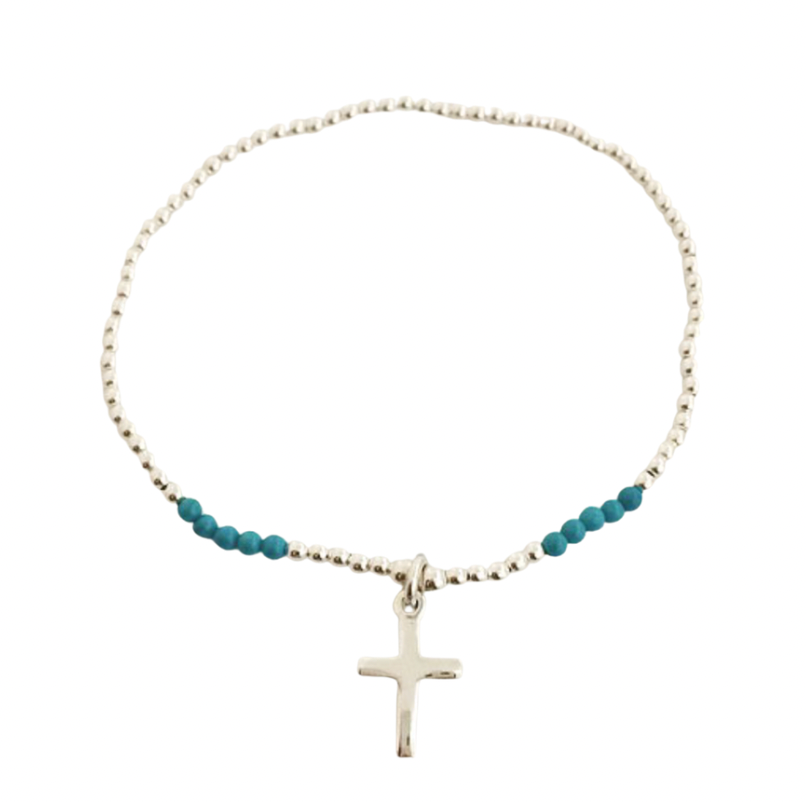 Elastic Bracelet - Turquoise & Silver Beads with Dangle Cross