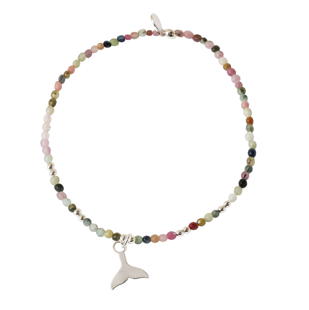 Elastic Bracelet - Tourmaline with Silver Whale Dangle