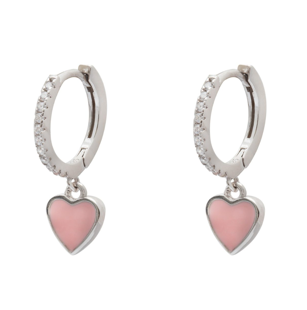 Coloured Heart with CZ Stone Silver Huggie Earrings