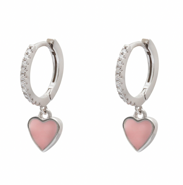 Coloured Heart with CZ Stone Silver Huggie Earrings