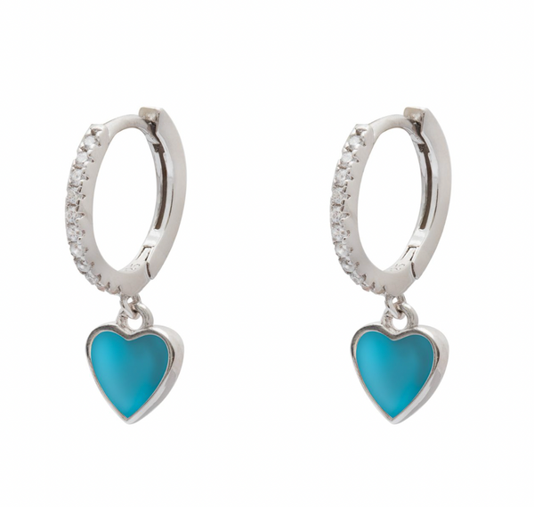 Blue Heart with CZ Stone Silver Huggie Earrings