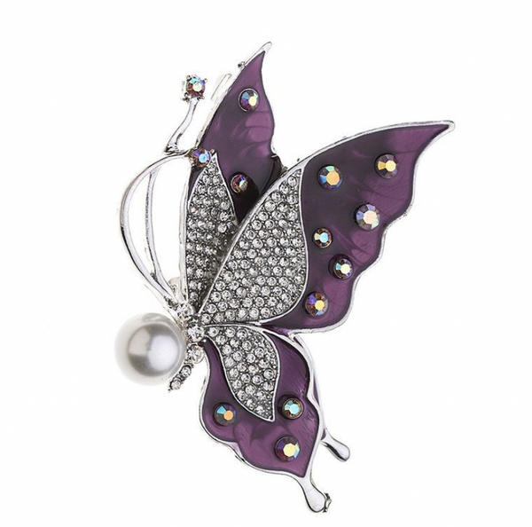 Brooch - Purple with Pearl Flying Butterfly