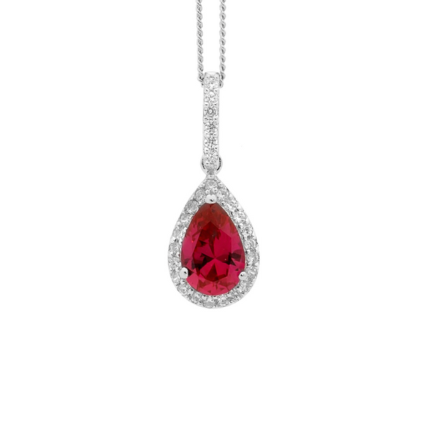 Red CZ Pear Drop with White CZ Surround - Pendant & Earrings