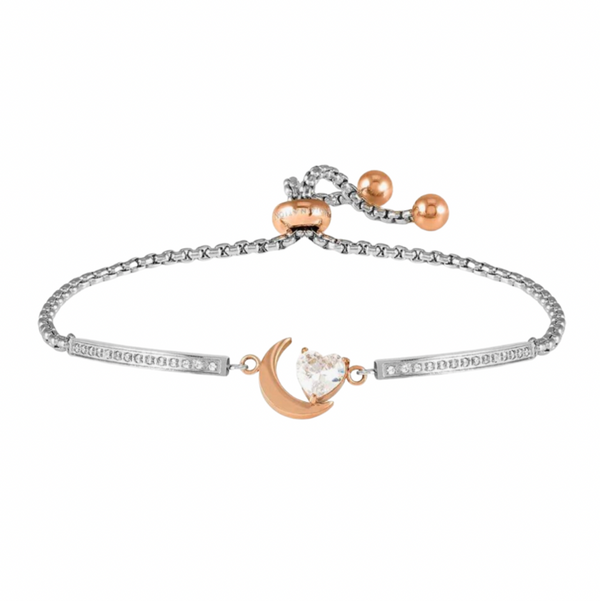 Milleluci: Refined Rosegold Moon with CZ Heart Stainless Steel Bracelet