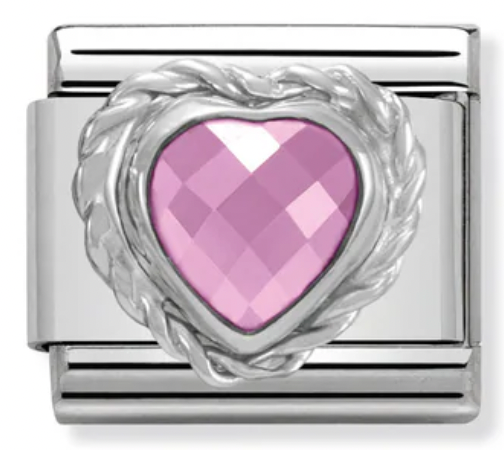 Love - Pink CZ Faceted Twist Heart Silver Charm