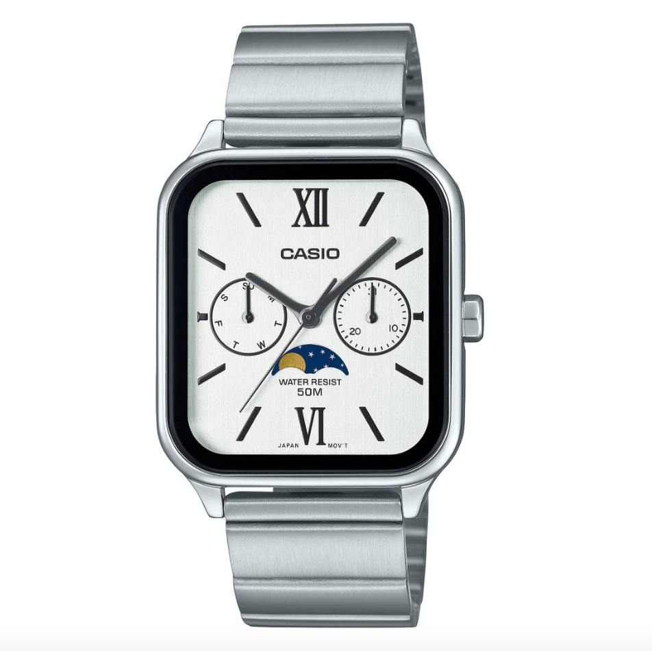Casio Analogue Moon and Back White Face, S/Steel Band Watch