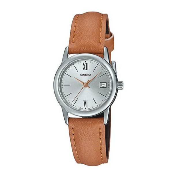 Casio Analogue Silver Face, Brown Leather Band Watch